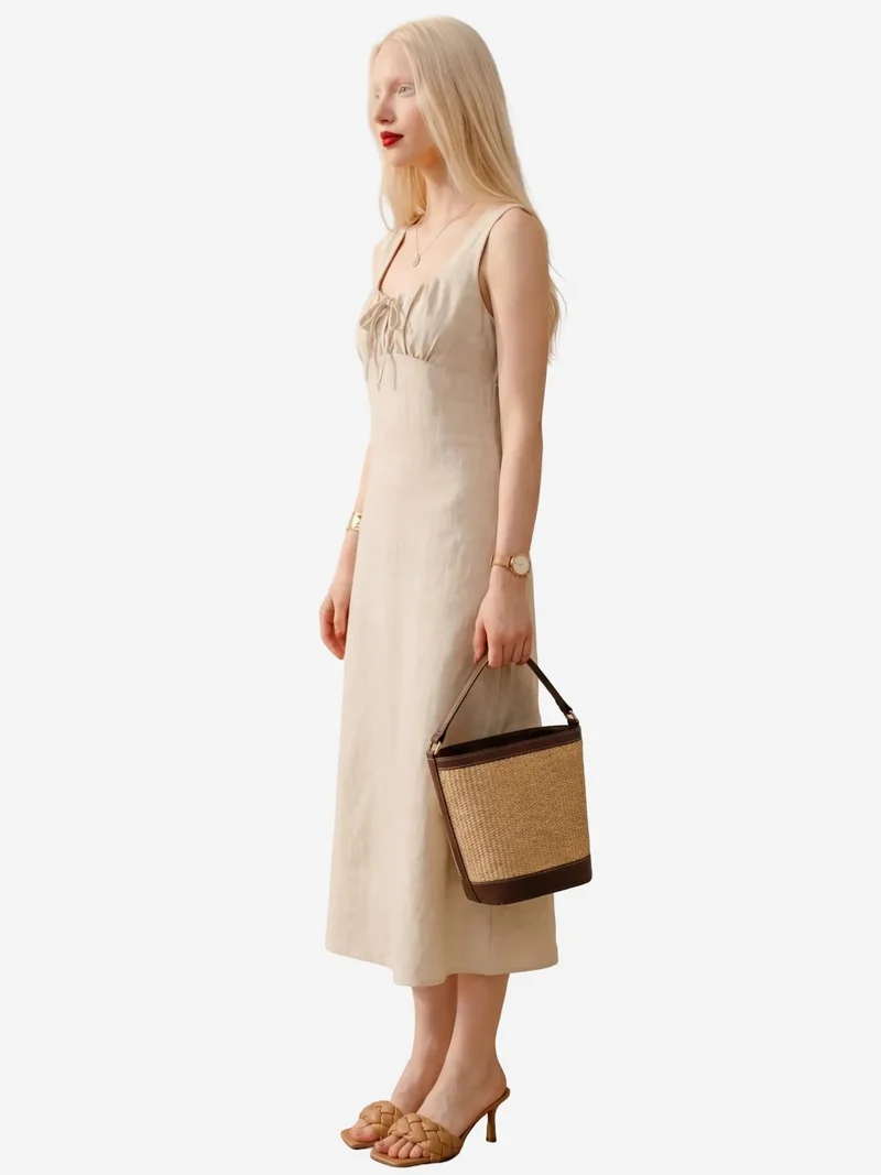 MY FASHION Beige Natural MY FASHION Midi Linen Dress with Tie Detail for Women | Best Price UAE